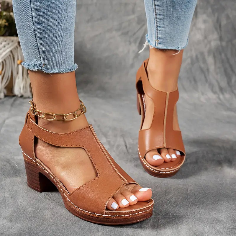 Cutout Chunky Heel Sandals – Open Toe Comfort Heeled Sandals