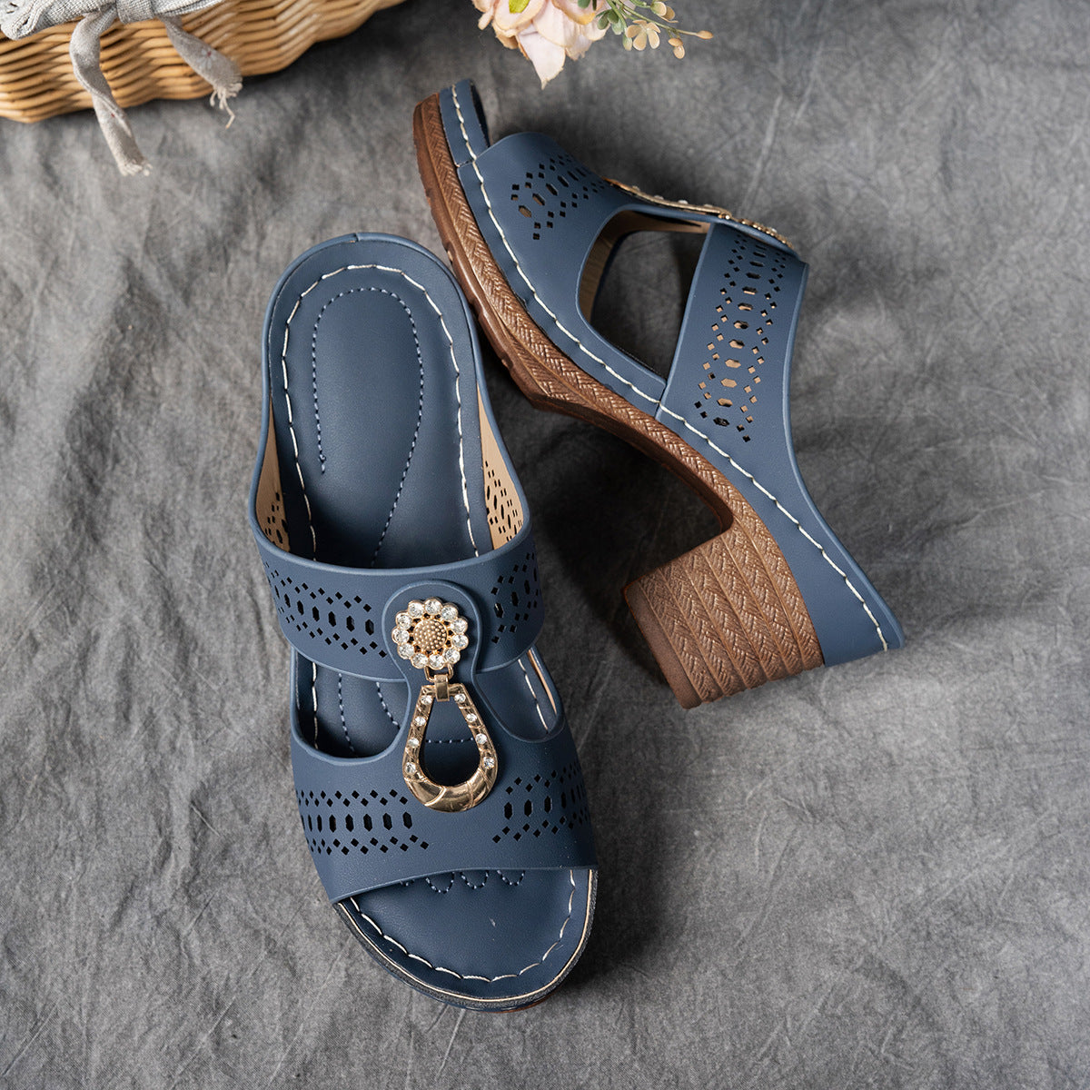 Rhinestone Heeled Slide Sandals – Perforated Chunky Heel Mules