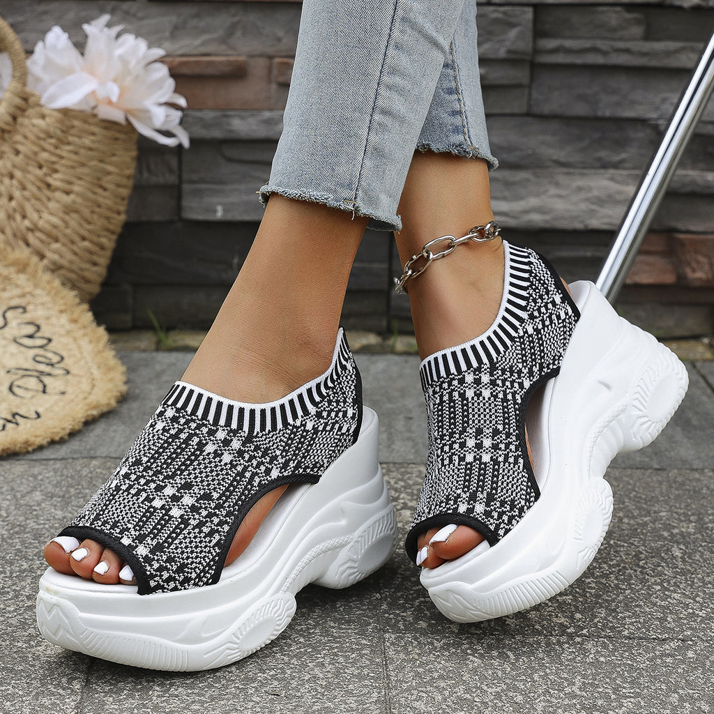 Knit Platform Wedge Sandals – Breathable Peep Toe Walking Shoes