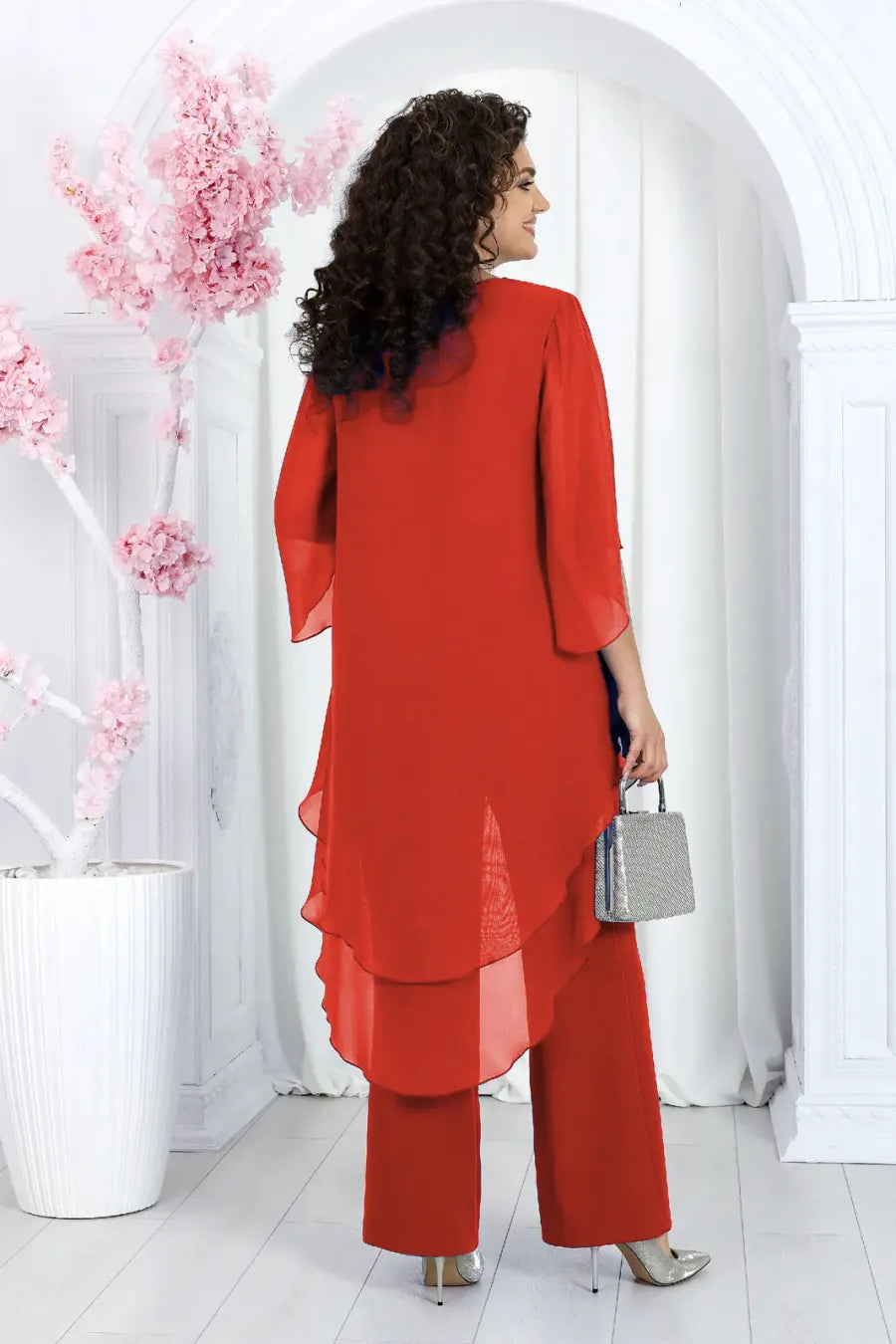 Elegant Layered Chiffon High-Low Top and Pants Two Piece Set