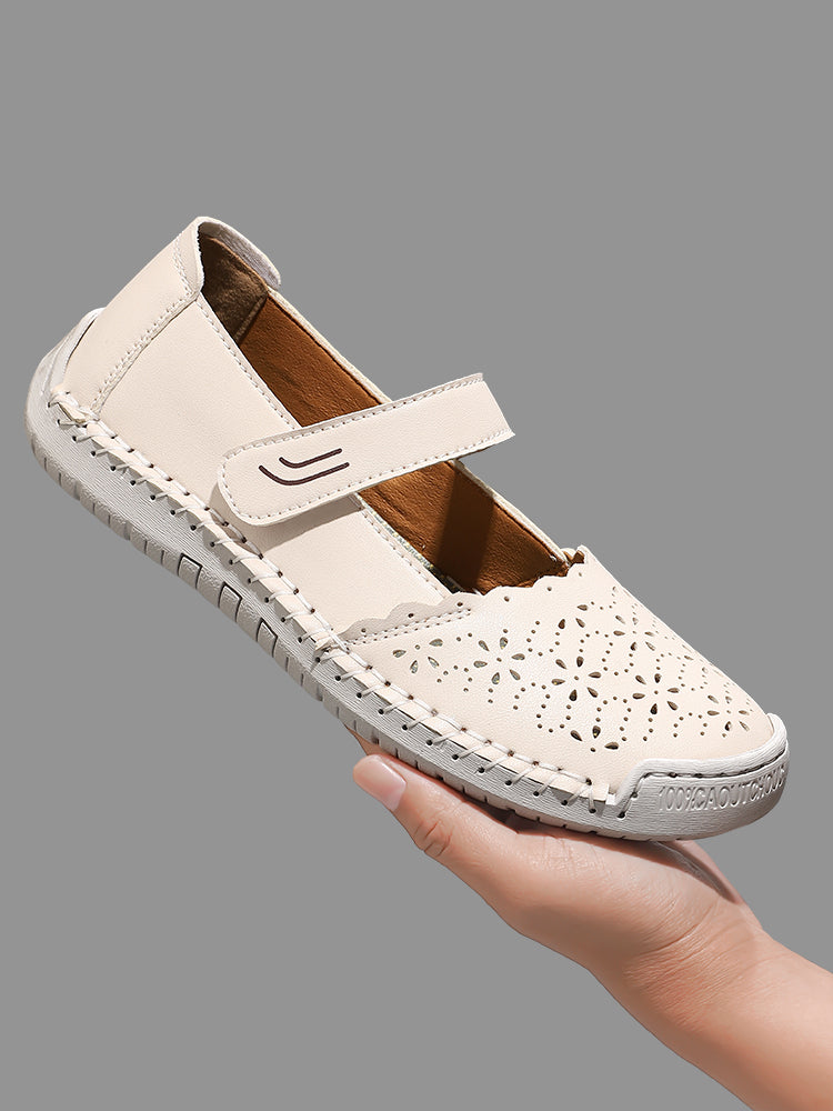 Perforated Mary Jane Flats – Hook-and-Loop Comfort Walking Shoes