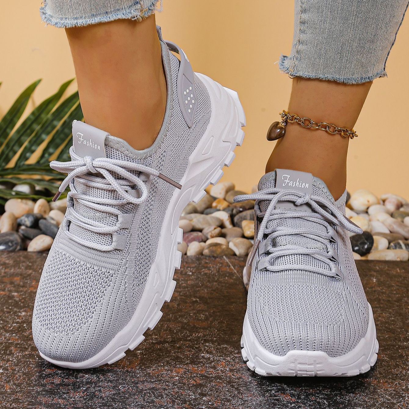Knit Walking Sneakers – Breathable Lightweight Lace-Up Shoes