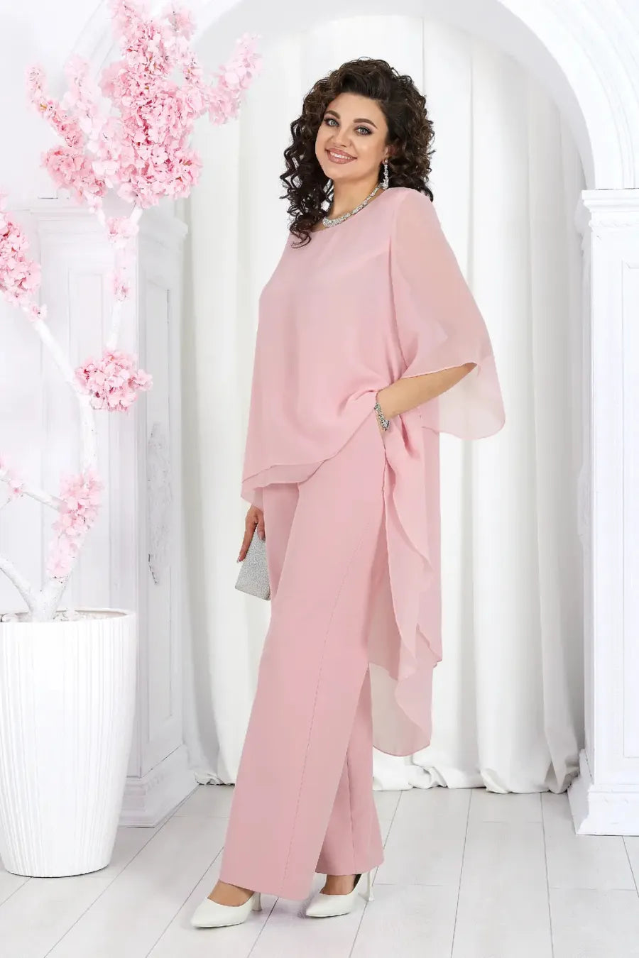 Elegant Layered Chiffon High-Low Top and Pants Two Piece Set