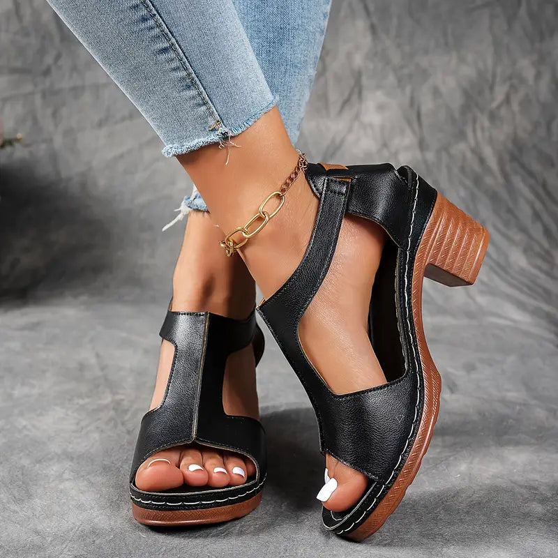 Cutout Chunky Heel Sandals – Open Toe Comfort Heeled Sandals
