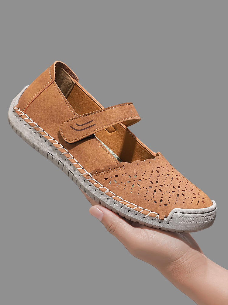 Perforated Mary Jane Flats – Hook-and-Loop Comfort Walking Shoes