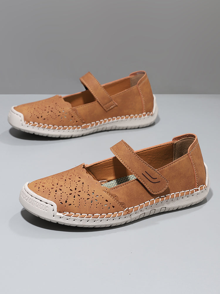Perforated Mary Jane Flats – Hook-and-Loop Comfort Walking Shoes