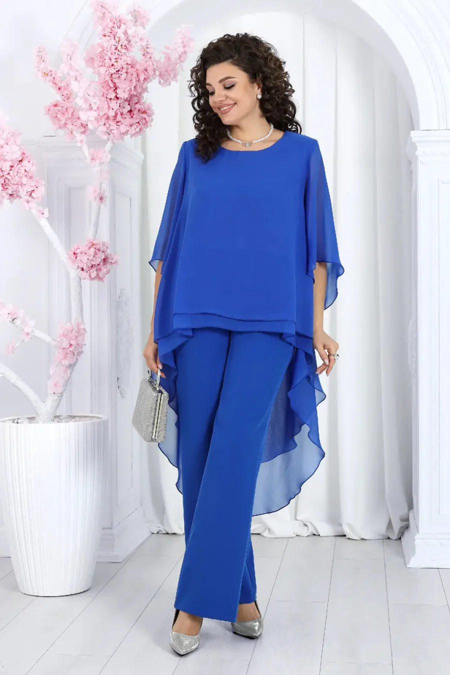 Elegant Layered Chiffon High-Low Top and Pants Two Piece Set