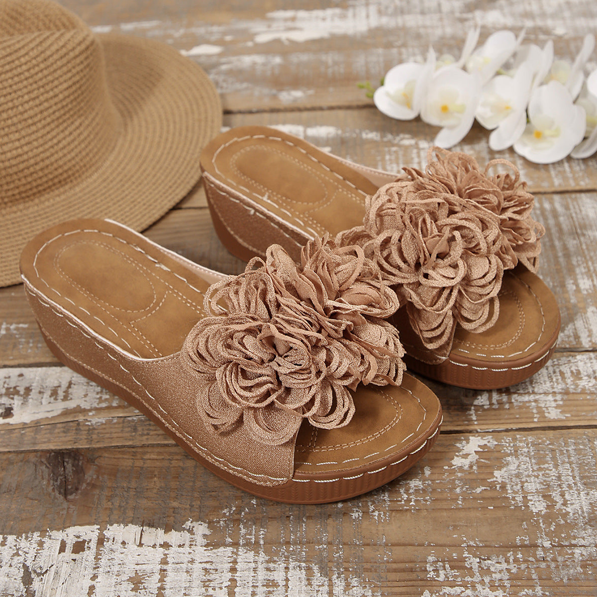 Floral Wedge Slide Sandals – Open Toe Comfort Mules