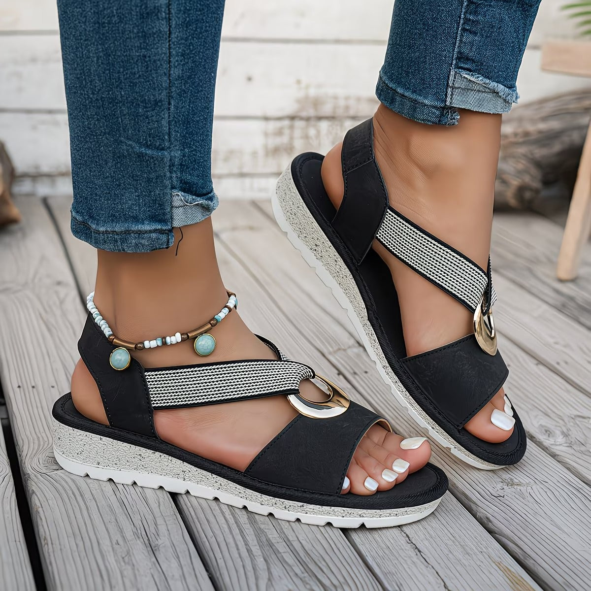 Orthotic Metal Ring Slingback Sandals – Open Toe Flat Comfort Sandals