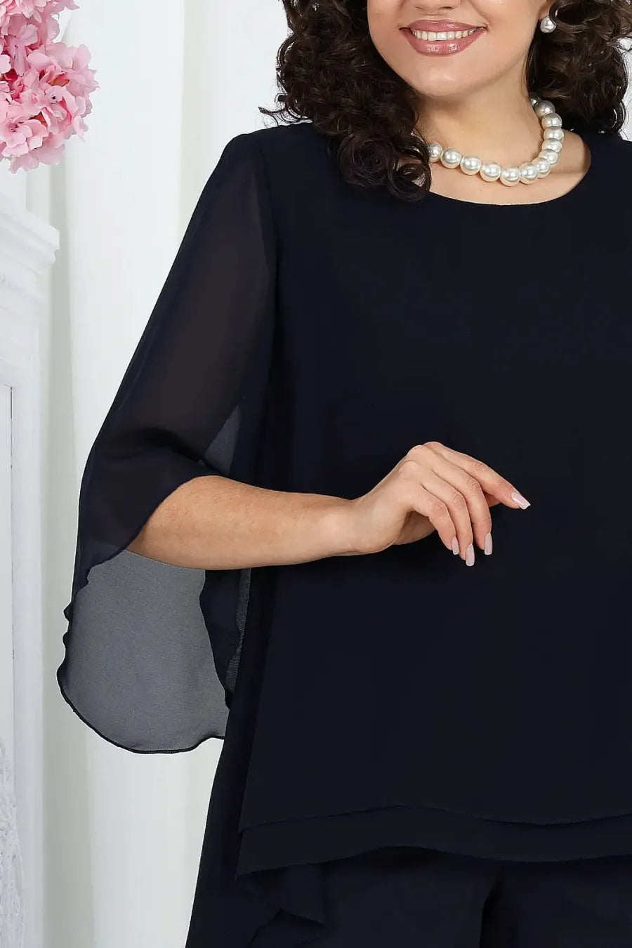 Elegant Layered Chiffon High-Low Top and Pants Two Piece Set
