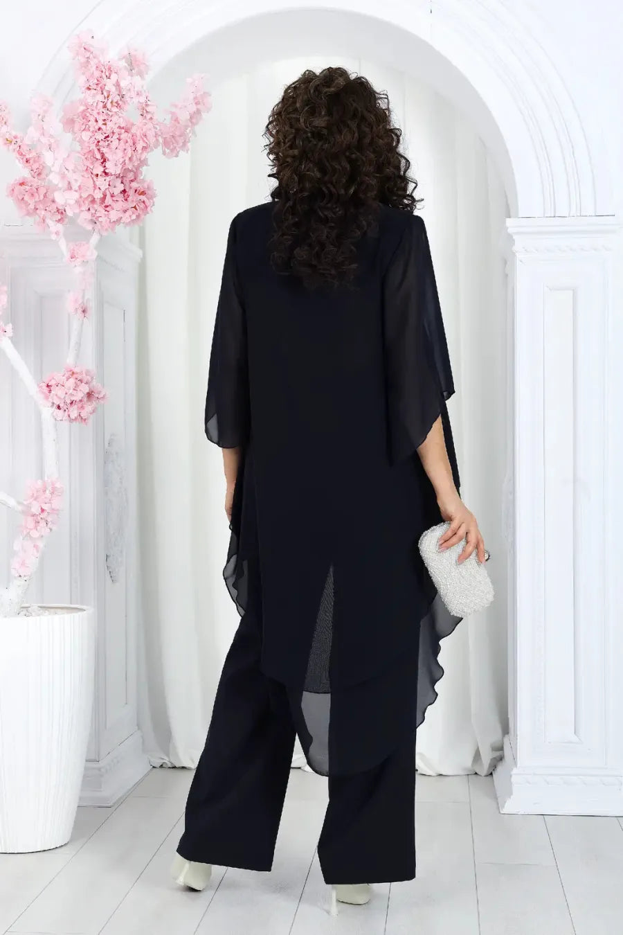 Elegant Layered Chiffon High-Low Top and Pants Two Piece Set