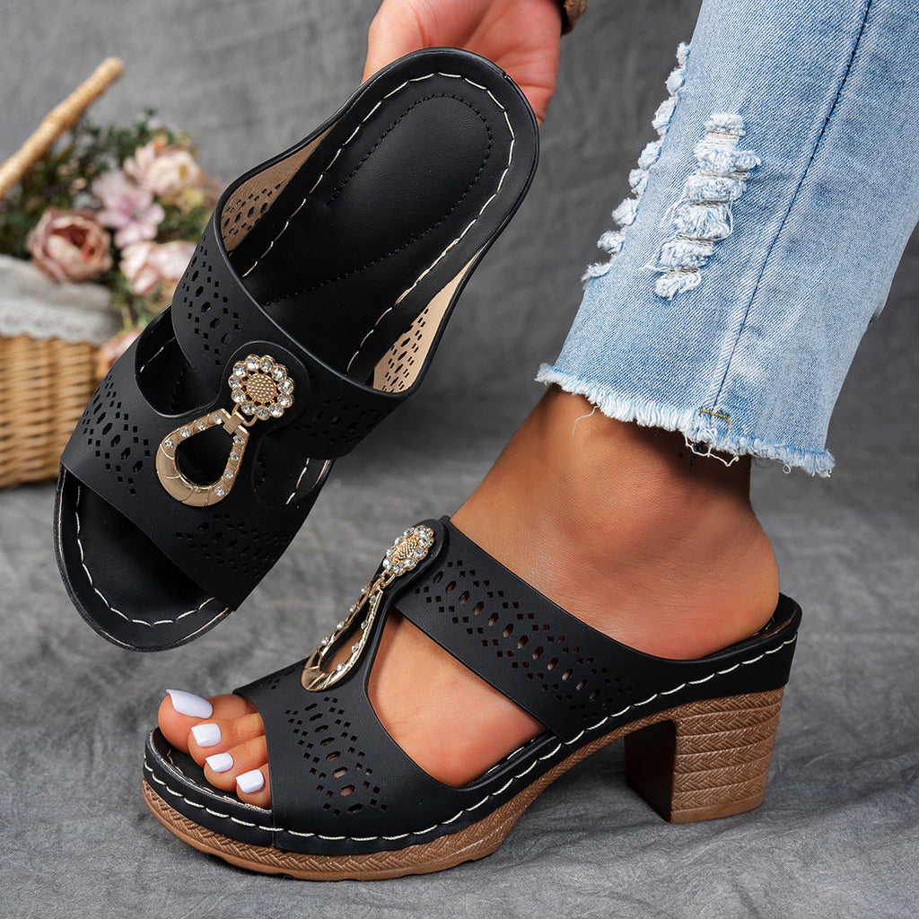 Rhinestone Heeled Slide Sandals – Perforated Chunky Heel Mules