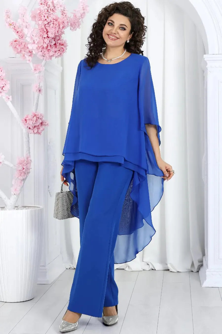 Elegant Layered Chiffon High-Low Top and Pants Two Piece Set