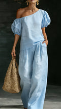 Women's Casual & Comfortable Minimalist-Style Two-Piece Set: Off-Shoulder Linen Top with Puff Sleeves