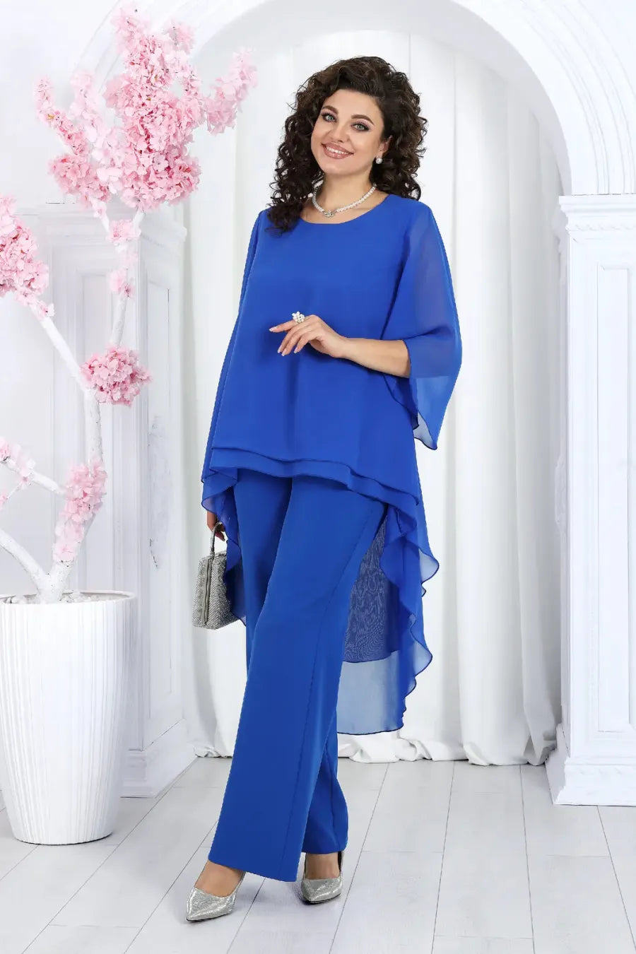 Elegant Layered Chiffon High-Low Top and Pants Two Piece Set