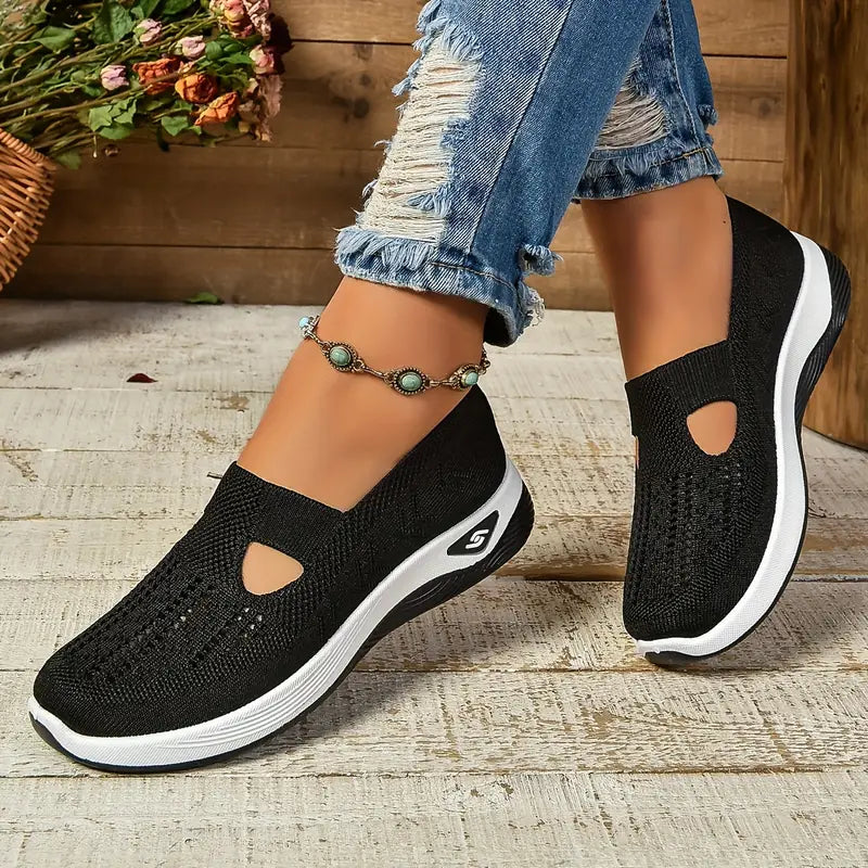 Breathable Knit Walking Shoes – Slip-On Platform Comfort Sneakers
