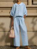 🔥Stylish Peter Pan Collar Shirt And Wide-leg Pant Linen Two-piece Set