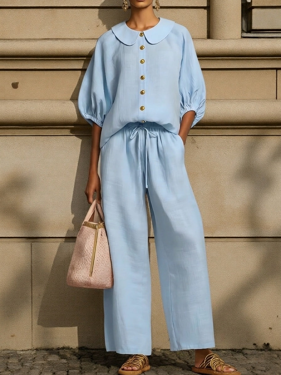 🔥Stylish Peter Pan Collar Shirt And Wide-leg Pant Linen Two-piece Set