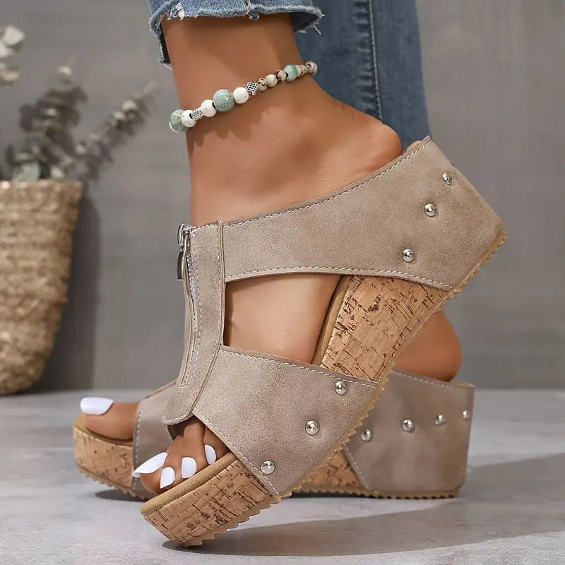 Zip Front Wedge Sandals – Open Toe Cork Platform Sandals