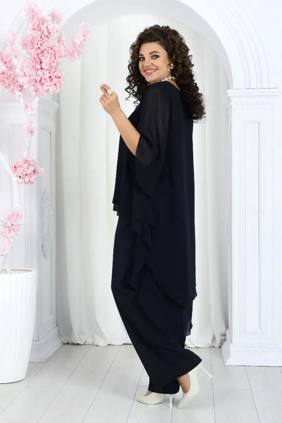 Elegant Layered Chiffon High-Low Top and Pants Two Piece Set