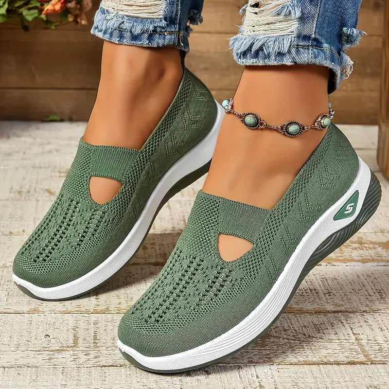 Breathable Knit Walking Shoes – Slip-On Platform Comfort Sneakers