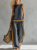 Plus Size Friendly Women's Round Neck Sleeveless Casual Loose Top And High-waisted Loose Wide-leg Pants Cotton And Linen Set