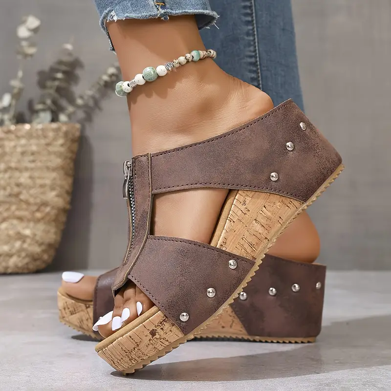 Zip Front Wedge Sandals – Open Toe Cork Platform Sandals