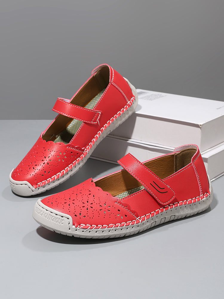 Perforated Mary Jane Flats – Hook-and-Loop Comfort Walking Shoes