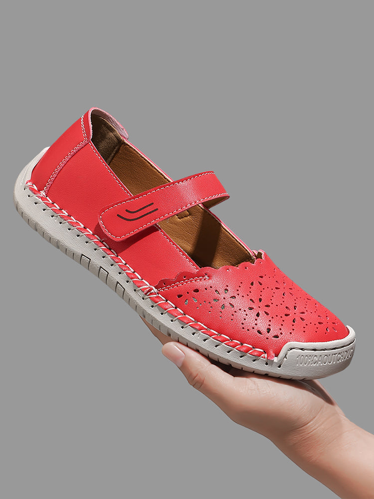 Perforated Mary Jane Flats – Hook-and-Loop Comfort Walking Shoes