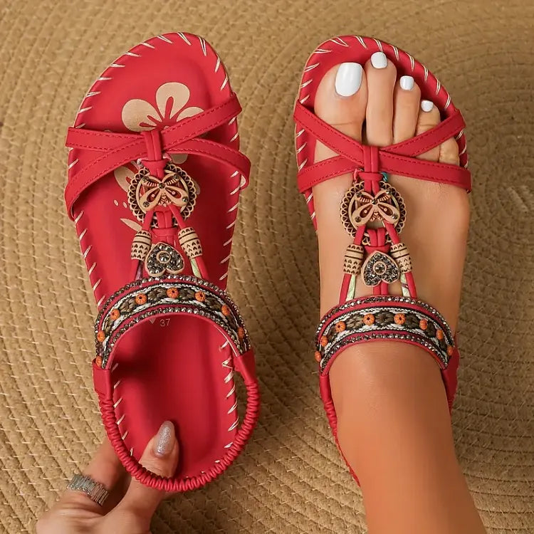 Boho Beaded Flat Sandals – Strappy Open Toe Summer Sandals