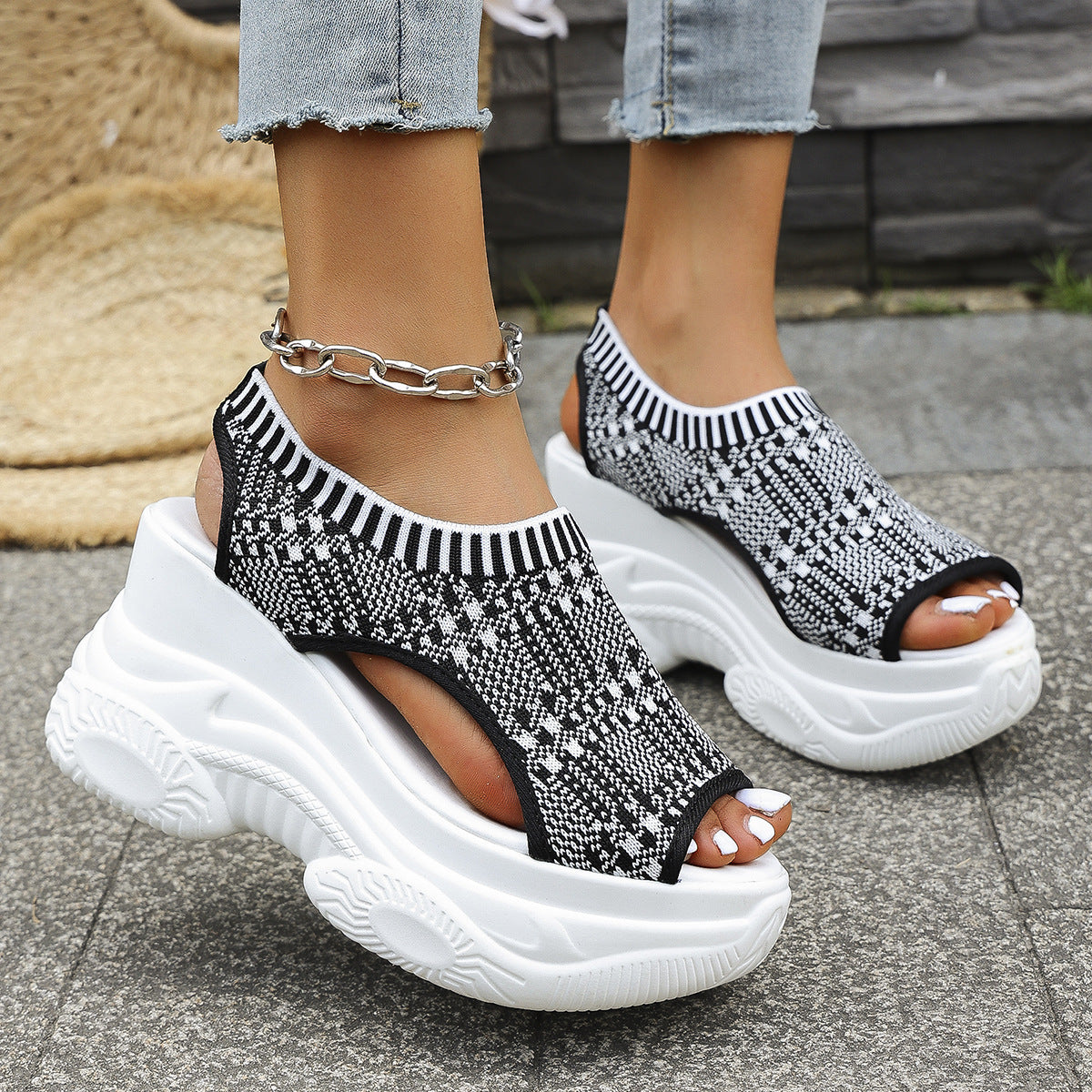 Knit Platform Wedge Sandals – Breathable Peep Toe Walking Shoes