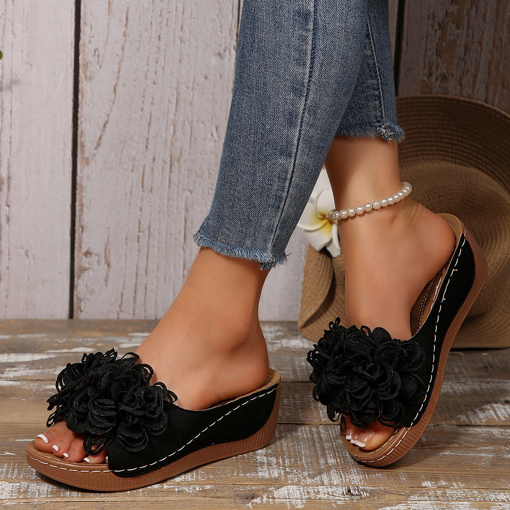 Floral Wedge Slide Sandals – Open Toe Comfort Mules
