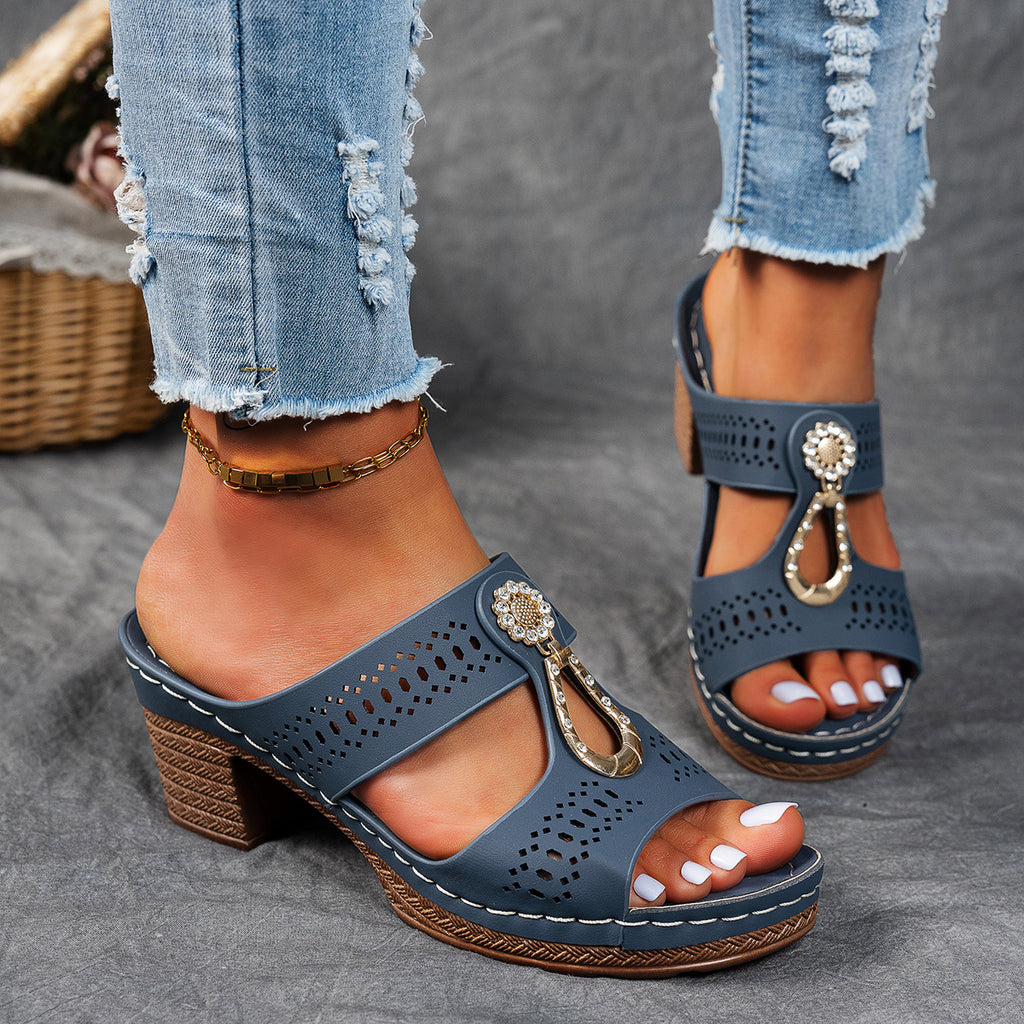 Rhinestone Heeled Slide Sandals – Perforated Chunky Heel Mules