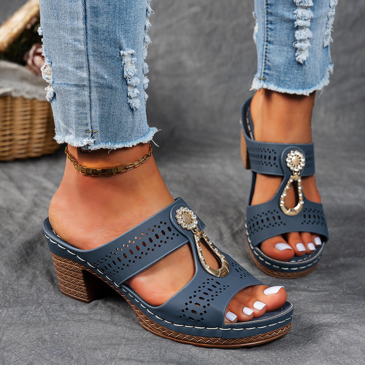 Rhinestone Heeled Slide Sandals – Perforated Chunky Heel Mules