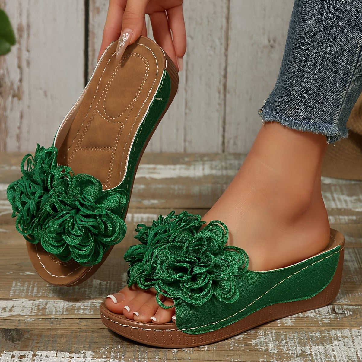 Floral Wedge Slide Sandals – Open Toe Comfort Mules