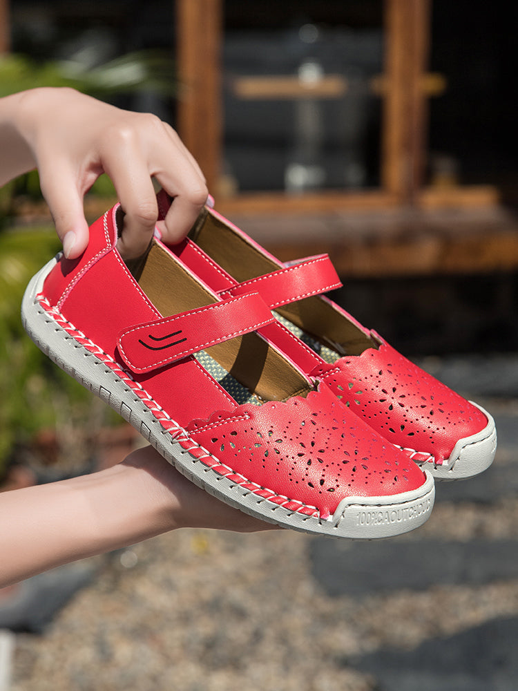 Perforated Mary Jane Flats – Hook-and-Loop Comfort Walking Shoes