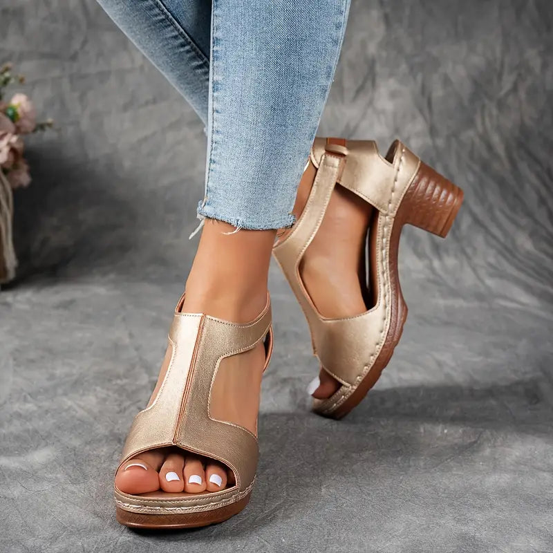 Cutout Chunky Heel Sandals – Open Toe Comfort Heeled Sandals