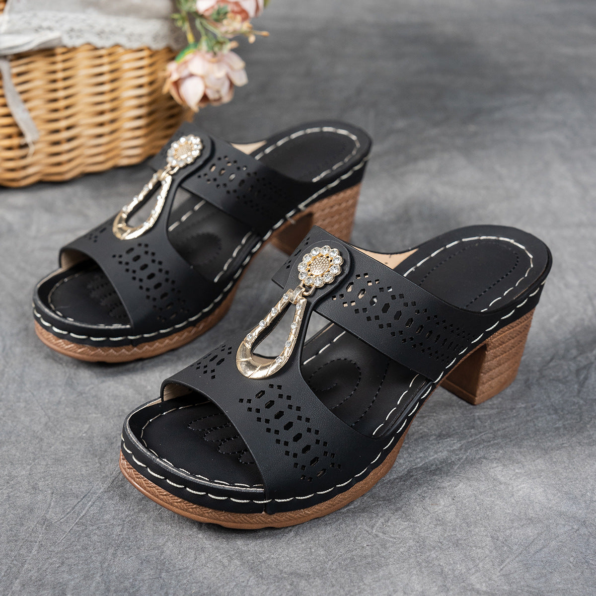 Rhinestone Heeled Slide Sandals – Perforated Chunky Heel Mules