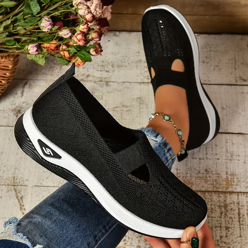 Breathable Knit Walking Shoes – Slip-On Platform Comfort Sneakers