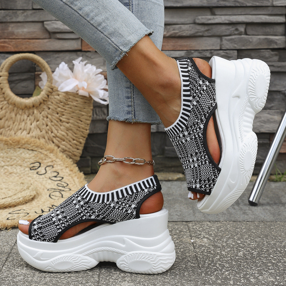 Knit Platform Wedge Sandals – Breathable Peep Toe Walking Shoes