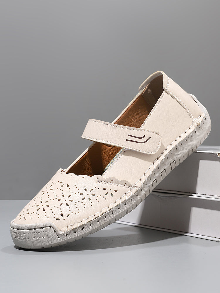Perforated Mary Jane Flats – Hook-and-Loop Comfort Walking Shoes
