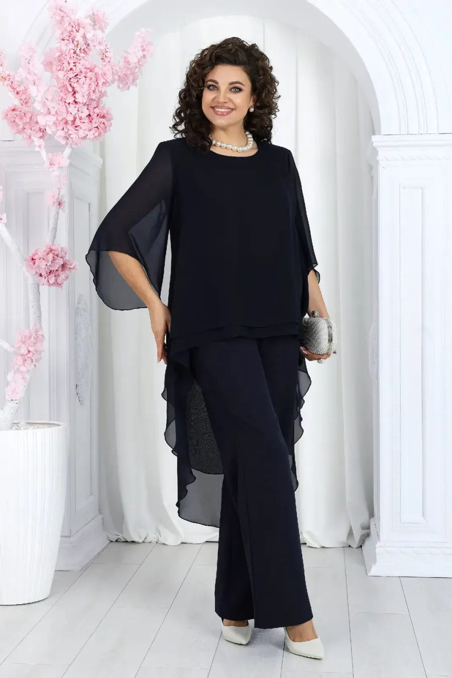 Elegant Layered Chiffon High-Low Top and Pants Two Piece Set