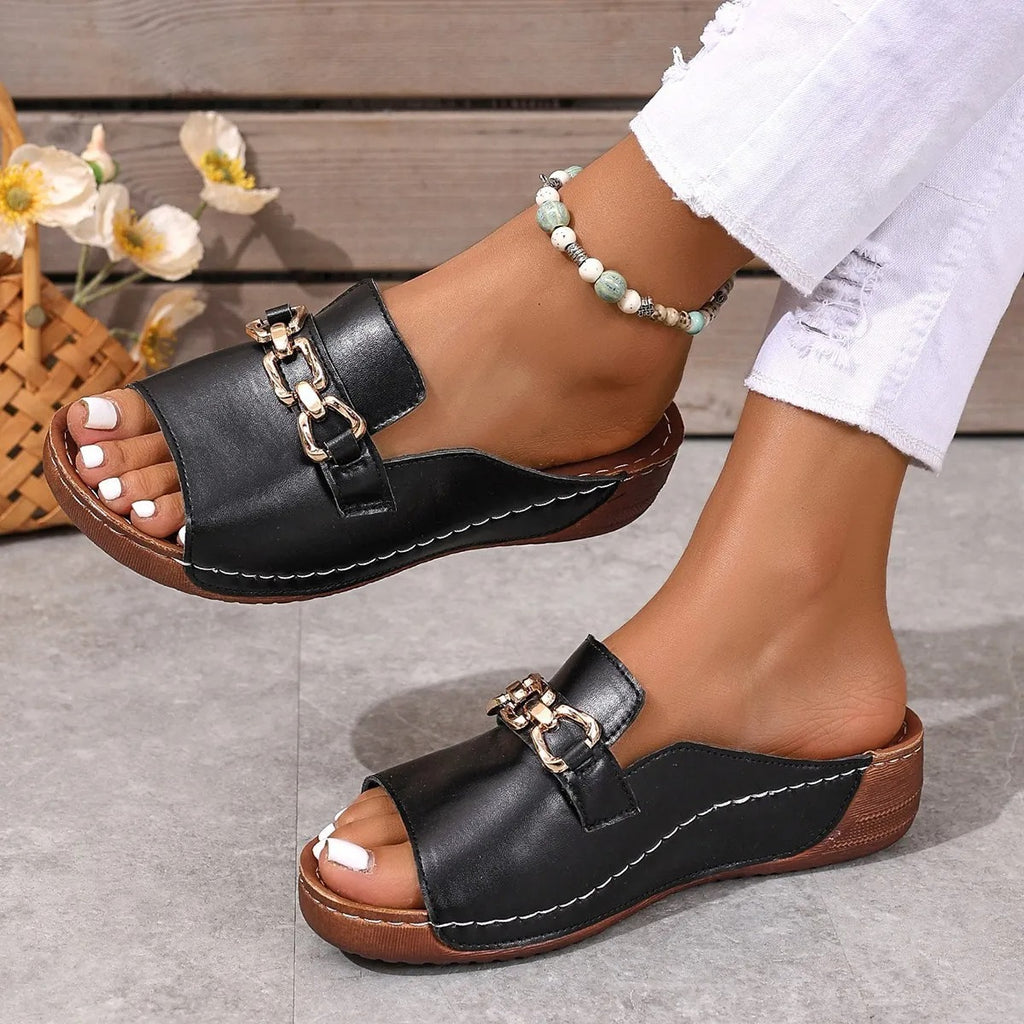 Metal Chain Slide Sandals – Open Toe Comfort Flat Sandals