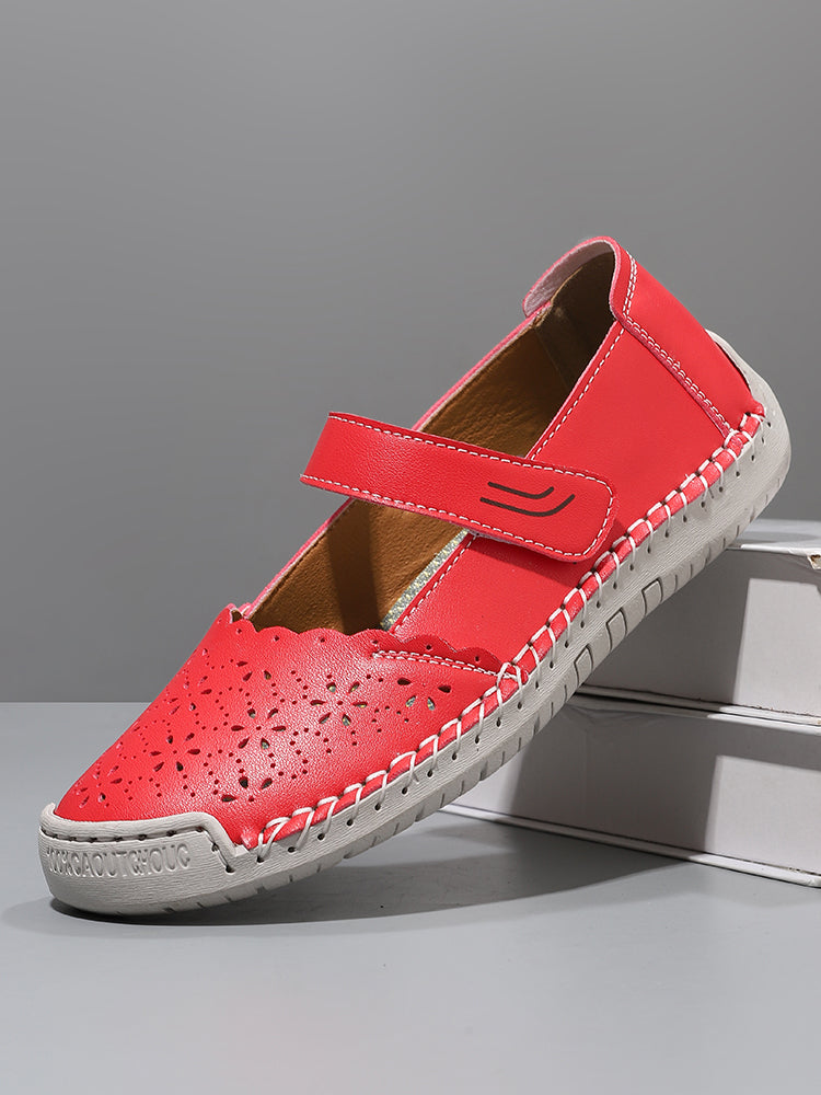 Perforated Mary Jane Flats – Hook-and-Loop Comfort Walking Shoes