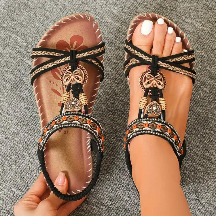 Boho Beaded Flat Sandals – Strappy Open Toe Summer Sandals