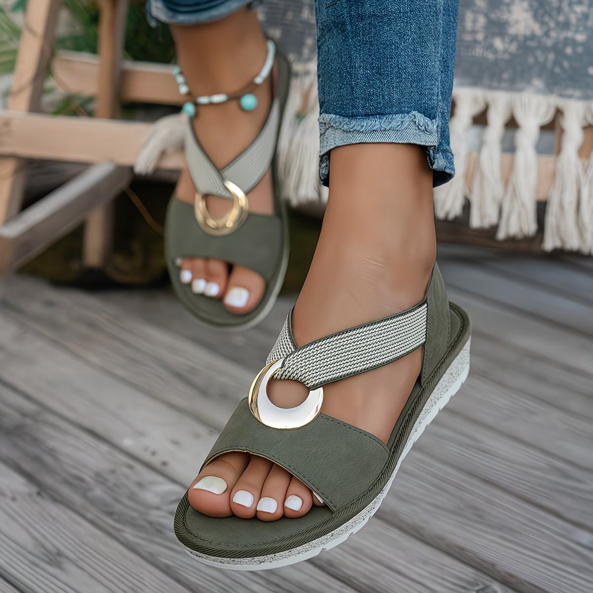Orthotic Metal Ring Slingback Sandals – Open Toe Flat Comfort Sandals