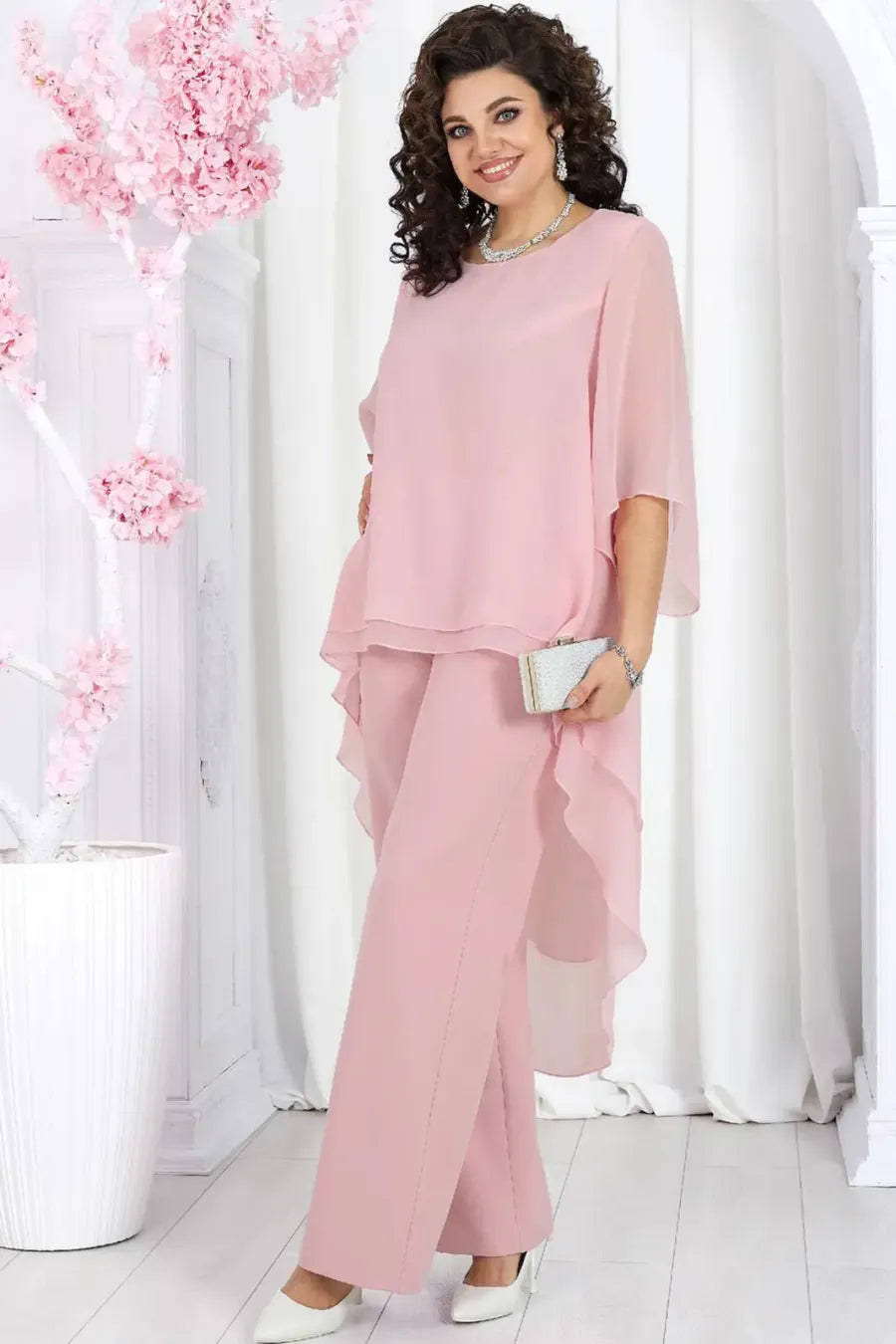 Elegant Layered Chiffon High-Low Top and Pants Two Piece Set