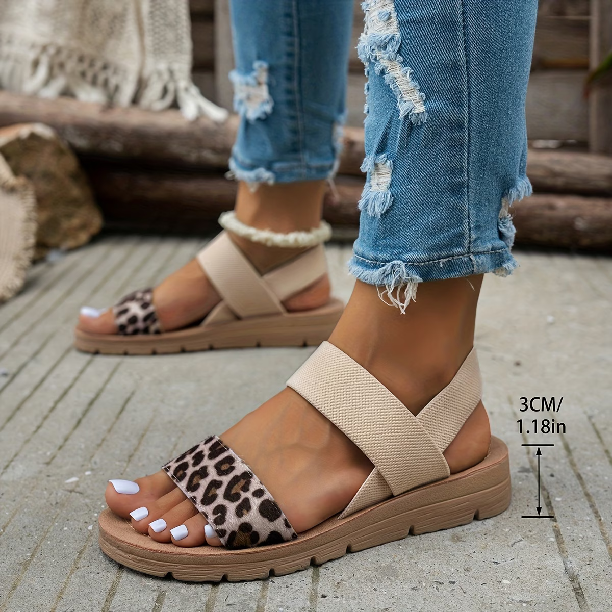Leopard Strap Platform Sandals – Elastic Slingback Comfort Sandals