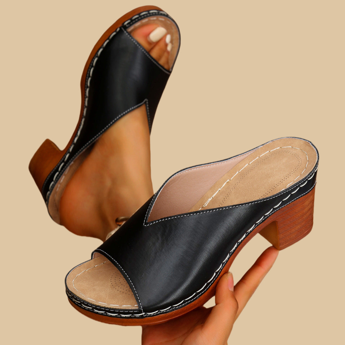 Peep Toe Heeled Mules – Elegant Chunky Heel Slide Sandals