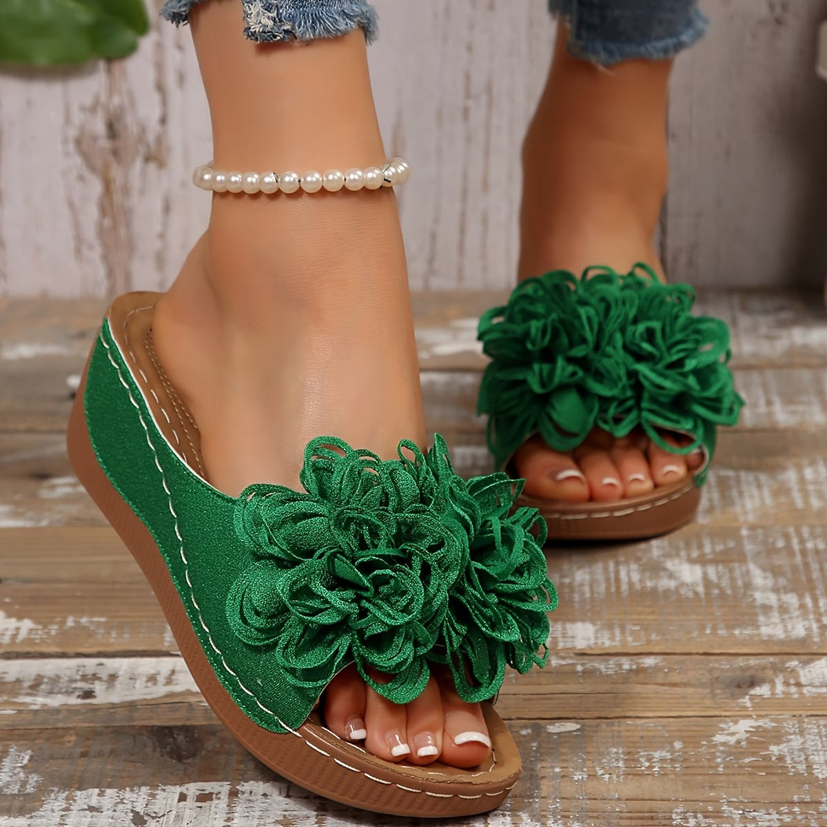 Floral Wedge Slide Sandals – Open Toe Comfort Mules